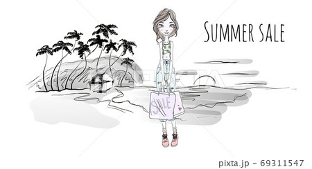 Cute girl with shopping bag on the sea beach. Summer sale concept. Hand-drawn vector illustration, isolated on white. 69311547