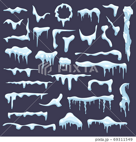 Winter snow icicle. Frosted icy blue borders, frozen snowcap, white icicles ice sign, frosted snow caps isolated vector illustration icons set 69311549