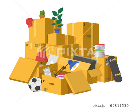 Moving boxes. Delivery cardboard boxes pile, stacked carton packaging box with new home moving goods, delivery open boxes vector illustration 69311550