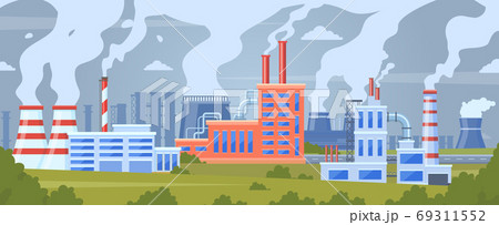 Factory air pollution. Industrial smog pollution, polluted urban landscape, chimney pipe factory toxic smoke clouds vector illustration 69311552