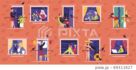 People in windows. Neighbors characters communicating, male and female people in windows frames, neighbors everyday life vector illustration set 69311627