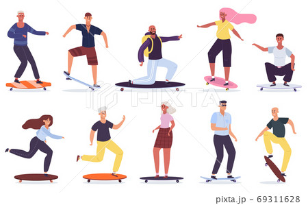 Young skateboarders. Men and women riding skateboard, teenagers on longboards and skateboards, urban extreme sport vector illustration set 69311628