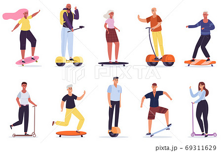 People with personal vehicles. Eco friendly transport devices, man and woman riding skateboard, kick scooter and segway vector illustration set 69311629