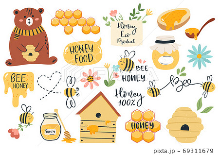 Cute honey symbols. Hand drawn honey jar, honeycomb and bee insects, funny honey doodle beekeeping farm isolated vector illustration set 69311679