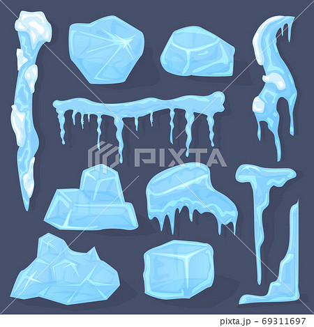 Winter icicles. Snow ice cap, frosted crystal cube white icicles sign, ice caps, piece and crystal block isolated vector illustration symbols set Winter icicles. Snow ice cap, frosted crystal cube white icicles sign, ice caps, piece and crystal block isolated vector illustration symbols set 69311697