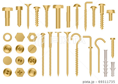 Realistic golden hardware. Construction gold metal hex cap nuts, 3d metal fixation gear, stainless screws and bolts vector illustration icons set 69311735