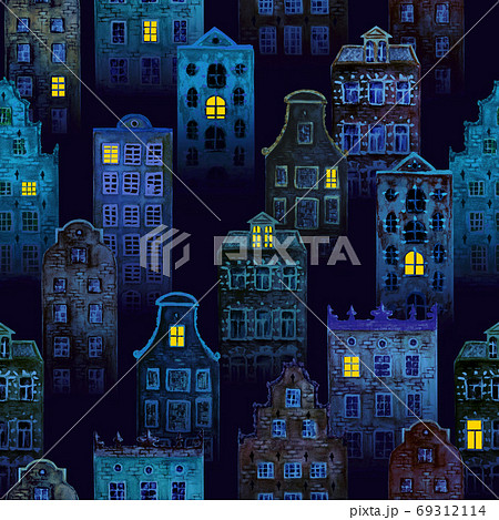 Halloween fairy dark night city seamless pattern of watercolor colorful european amsterdam style houses Halloween fairy dark night city seamless pattern of watercolor colorful european amsterdam style houses 69312114