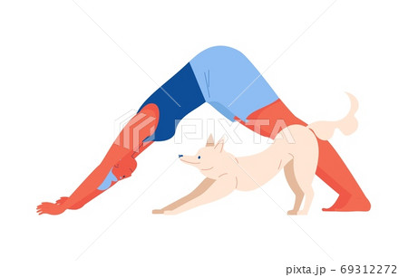 Vector young woman doing yoga with a dog. Concept Vector young woman doing yoga with a dog. Concept 69312272