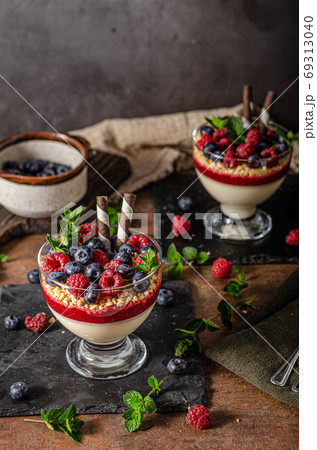 Fresh panna cotta with forest fruits Fresh panna cotta with forest fruits 69313040