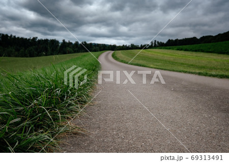 An empty country road through the green fields An empty country road through the green fields 69313491