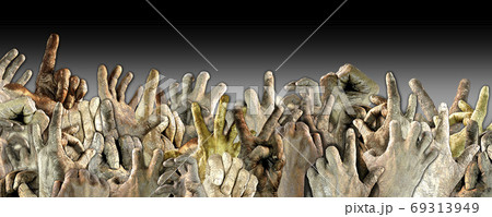 Raised hands of people of different nationalities. Protest. Demonstration. Freedom. Protest against racism. Illustration. Copy space Raised hands of people of different nationalities. Protest. Demonstration. Freedom. Protest against racism. Illustration. Copy space 69313949