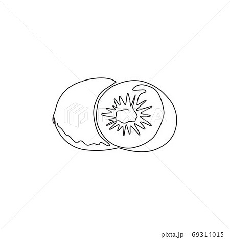 Single continuous line drawing of whole and half sliced healthy organic kiwi for orchard logo identity 69314015