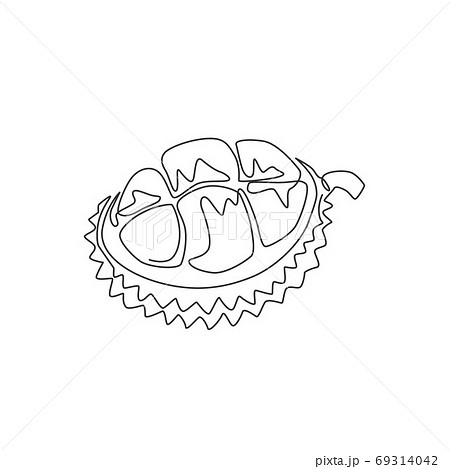 Single continuous line drawing half sliced healthy organic durian for orchard logo identity 69314042