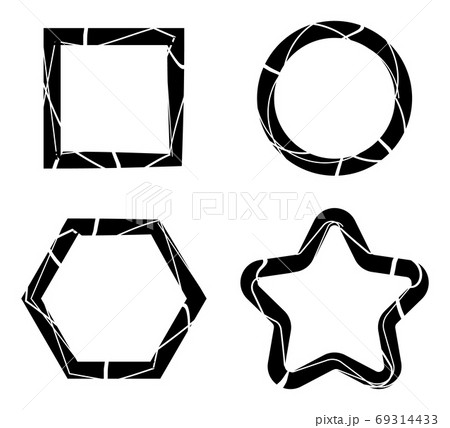 A set of 4 different isolated frames for graphic design, social media design. Frames are square, round, hexagonal, and star-shaped. Black thick grunge lines with white stripes 69314433