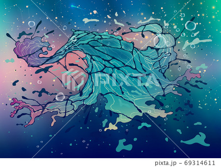 Abstract fantasy cosmic galaxy or nebula of stars in space as beautiful blue green pattern over dark deep turquoise background in vector. Bright neon glowing dynamic splashed spots as futuristic Abstract fantasy cosmic galaxy or nebula of stars in space as beautiful blue green pattern over dark deep turquoise background in vector. Bright neon glowing dynamic splashed spots as futuristic 69314611