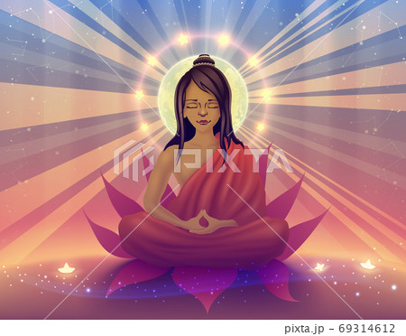 Buddhist sits in deep meditation and concentration in a state of samadhi, yogi, ascetic doing retreat, saint, enlightened, awakened buddha, satsang teacher in orange clothing vector illustration. 69314612