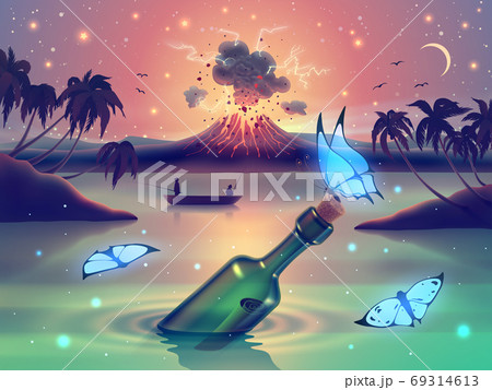Fantasy nature landscape with blue neon glow butterflies against magic lake, river or sea and erupting volcano on island, palm trees silhouette and starry sky in vector. Fantasy nature landscape with blue neon glow butterflies against magic lake, river or sea and erupting volcano on island, palm trees silhouette and starry sky in vector. 69314613