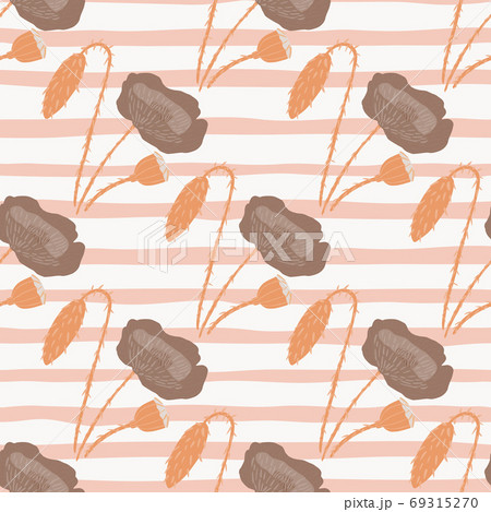 Pale seamless doodle pattern with brown flower elements. Stripped background with pink and white tones. 69315270