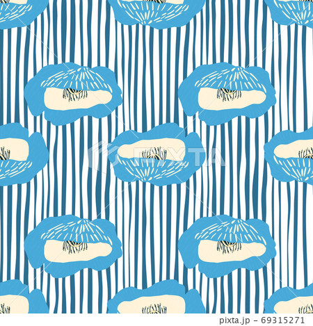 Spring flower buds seamless pattern. Stylized poppy print and stripped background in blue and white colors. 69315271