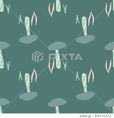 Minimalistic mushroom doodle elements seamless pattern. Hand drawn wild forest fungus print in turquoise tones. 69315272