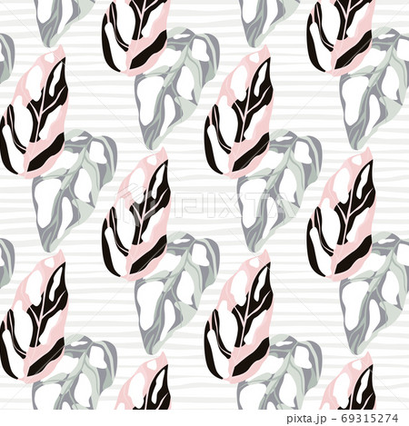 Light seamless botanic pattern with exotic monstera leaves. Tropical floral figures in pastel pink, black and blue tones on stripped background. 69315274