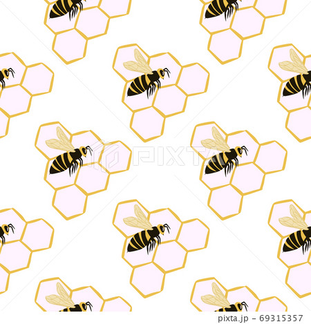 Minimalistic isolated seamless pattern with bees and honeycomb shapes. White background with yellow and black colores ornament. Minimalistic isolated seamless pattern with bees and honeycomb shapes. White background with yellow and black colores ornament. 69315357