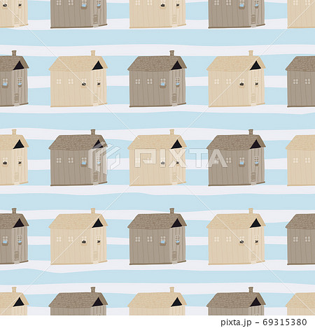 Beige and brown house silhouettes seamless pattern. Light pastel blue stripped background. Creative backdrop. 69315380