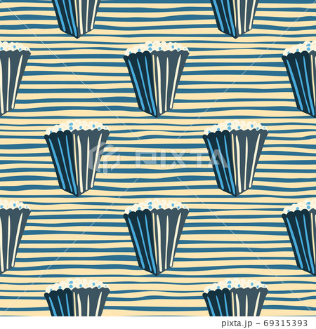 Abstract simple popcorn seamless pattern. Navy blue cinema snack ornament with stripped background. 69315393