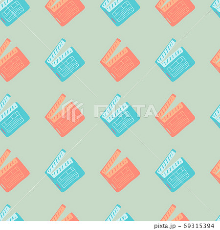 Contrast seamless doodle pattern wih clapperboard print. Simple blue and pink colored elements on grey background. 69315394