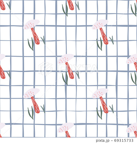 Forest seamless pattern with mushroom silhouettes. White background with check. Creative design. 69315733