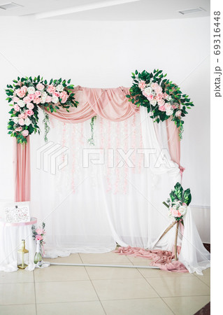 Interior of a restaurant prepared for wedding ceremony Interior of a restaurant prepared for wedding ceremony 69316448