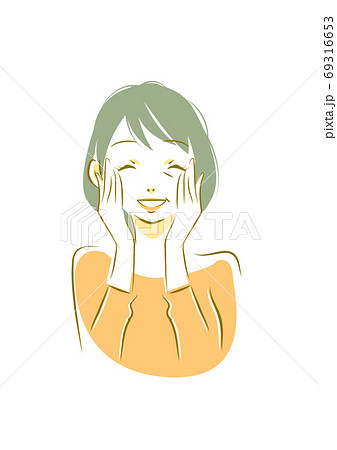 顔を触って微笑む50代女性の手描き風イラストのイラスト素材