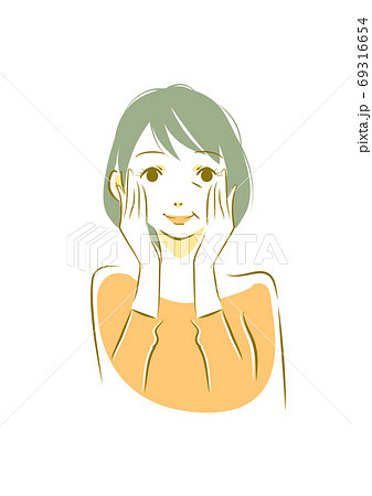 顔を触って微笑む50代女性の手描き風イラストのイラスト素材