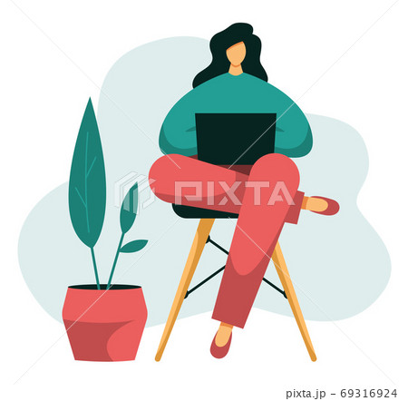 Young female with laptop works from home. Young female with laptop works from home. 69316924