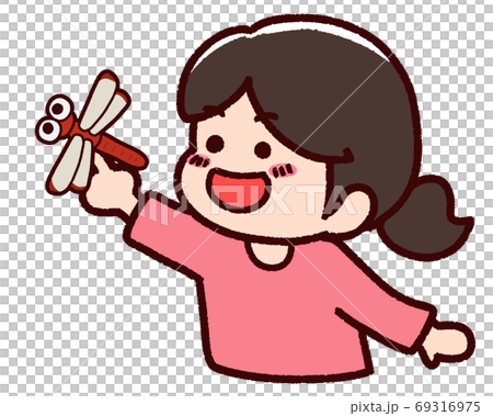 女の子と指にとまった赤トンボのイラスト素材