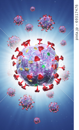 3d render of pathogenic virus organism or bacteria infecting and causing disease. Close up from microscope of coronavirus. 3d render of pathogenic virus organism or bacteria infecting and causing disease. Close up from microscope of coronavirus. 69317476
