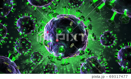 3d render of pathogenic virus organism or bacteria infecting and causing disease. Close up from microscope of coronavirus. 69317477