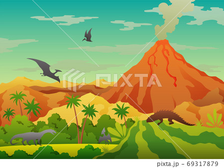 Prehistoric landscape - volcano with smoke, mountains, dinosaurs and green vegetation. Vector illustration of beautiful prehistoric landscape and dinosaurs 69317879