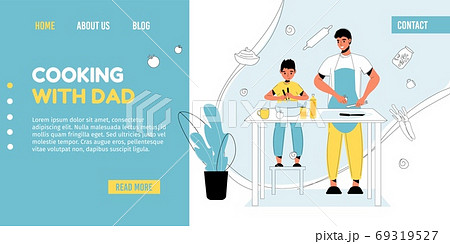 Dad son cooking together at kitchen landing page 69319527