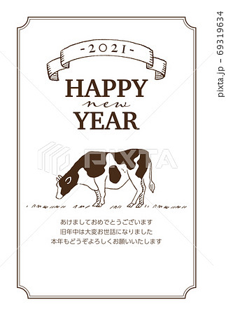 イラスト素材：シンプルな線画の手描き丑年年賀状テンプレート2021 69319634