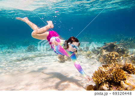 Child snorkeling. Kids underwater. Beach and sea. 69320448