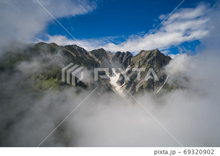 日本で七番目の氷河　唐松沢雪渓の雄大な眺め　長野県白馬村（ドローンによる空撮） 69320902