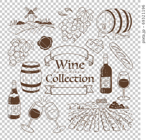 イラスト素材 アンティークでおしゃれな手書きのワイン ワイナリー線画セットのイラスト素材