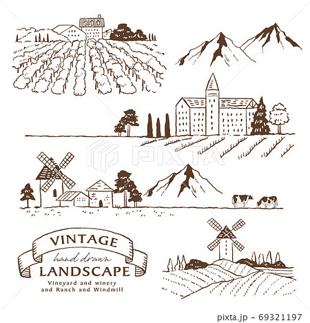 イラスト素材 レトロなヨーロッパの風景 ぶどう畑 田園風景 風車 農場の線画セットのイラスト素材