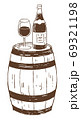 レトロでおしゃれな線画イラスト素材：ワイングラスとワインボトルと樽 69321198