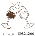 レトロでおしゃれな線画イラスト素材：ワイングラスで乾杯 69321200