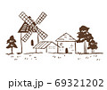 イラスト素材：レトロでおしゃれな風車のある風景スケッチ/線画/田園風景 69321202