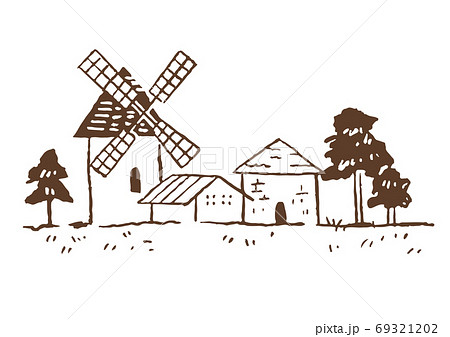 イラスト素材 レトロでおしゃれな風車のある風景スケッチ 線画 田園風景のイラスト素材