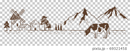 レトロでおしゃれなイラスト素材：風車のある牧場風景スケッチ/田園風景/線画 69321458