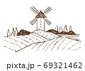 レトロでおしゃれなイラスト素材：風車のあるヨーロッパの田園風景/ぶどう畑/線画 69321462